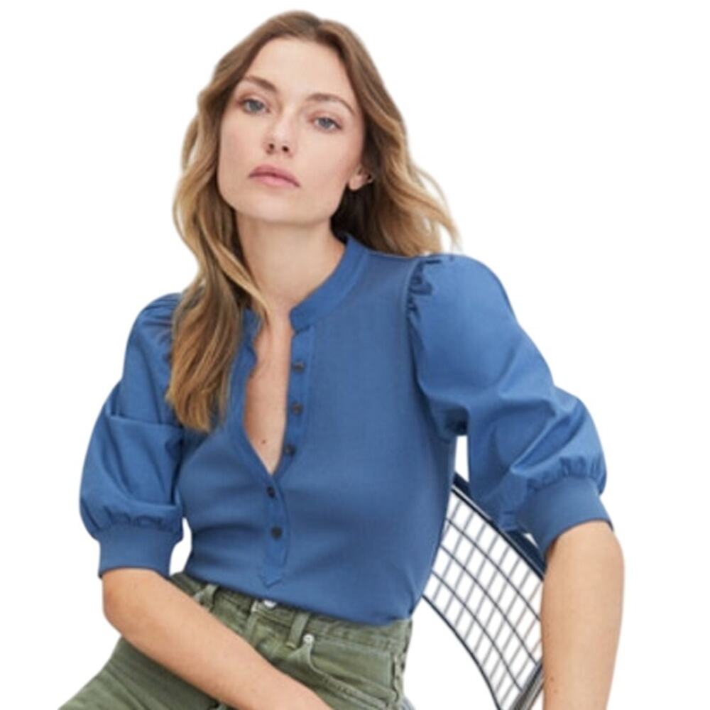 Veronica Beard Cornflower Blue Puff-Sleeve Button Blouse